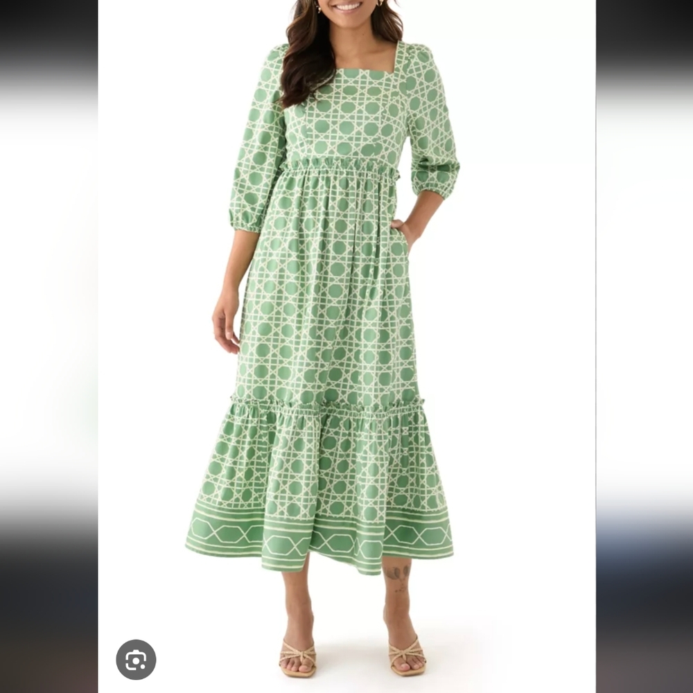 Crown & Ivy Green & White Geometric Midi Dress w Pockets NWT Size XL
